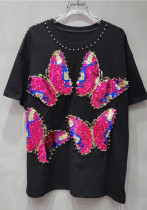 Beaded Sequin Butterfly Pink T-Shirt's Summer Loose Casual Tops