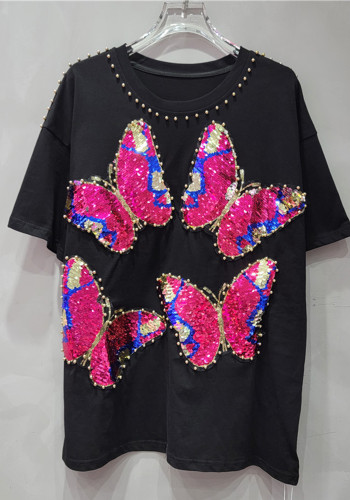 Beaded Sequin Butterfly Pink T-Shirt's Summer Loose Casual Tops