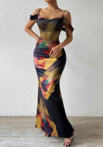 Summer Strap Off Shoulder Holidays Printed Slim Long Dress