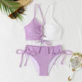 Color Matching Lace-Up Hollow Two Pieces Women's Swimsuit