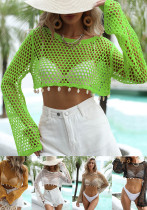 Women's Summer Shell Patchwork Hollow Knitting Shirt Long-Sleeved Beach Cover-Up
