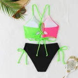 Color Matching Lace-Up Hollow Two Pieces Women's Swimsuit