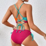 Color Matching Lace-Up Hollow Two Pieces Women's Swimsuit