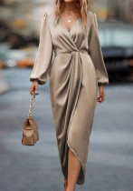 Elegant Wrap V-Neck Slit Bubble Sleeve Irregular Long Sleeve Pleated Women's Dress