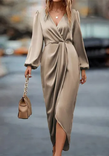 Elegant Wrap V-Neck Slit Bubble Sleeve Irregular Long Sleeve Pleated Women's Dress