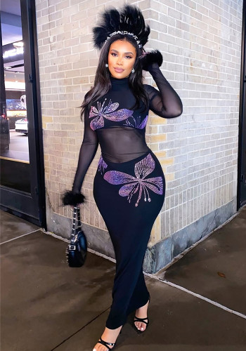 Fashion Print Mesh See-Through Fur Patchwork Slim Sexy Long Dress