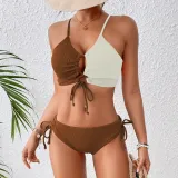 Color Matching Lace-Up Hollow Two Pieces Women's Swimsuit
