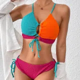 Color Matching Lace-Up Hollow Two Pieces Women's Swimsuit