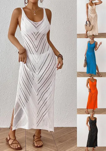 Women's Sexy Hollow Knitted Sleeveless Cover-Up Slit Holidays Beach Dress