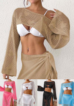 Women's Heart Jacquard Sexy Hollow Knitted Blouse Beach Cover-Up Short Top