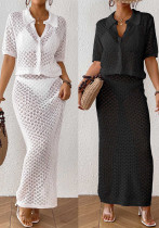 Women's Sexy Knitted Hollow Trundown Collar V-Neck Button Top Skirt Beach Cover-Up Two-Piece Set