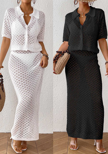 Women's Sexy Knitted Hollow Trundown Collar V-Neck Button Top Skirt Beach Cover-Up Two-Piece Set