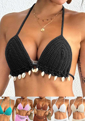 Women's Shell Patchwork Lace-Up Bikini Top Beach Tassel Cover-Up