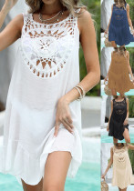 Sleeveless Women's Crocheted Flower Patchwork Sexy Hollow Cover-Up Ruffled Patchwork Dress