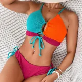 Color Matching Lace-Up Hollow Two Pieces Women's Swimsuit