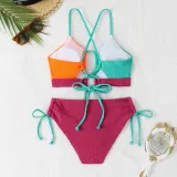 Color Matching Lace-Up Hollow Two Pieces Women's Swimsuit