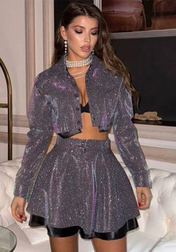 Glitter Sequin Turndown Collar Long Sleeve Top High Waist Shorts Sexy Nightclub Two-Piece Set