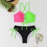Color Matching Lace-Up Hollow Two Pieces Women's Swimsuit