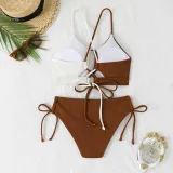 Color Matching Lace-Up Hollow Two Pieces Women's Swimsuit