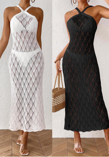 Women's Sexy Low Back Hollow Leaf Jacquard Strap Beach Dress