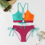 Color Matching Lace-Up Hollow Two Pieces Women's Swimsuit