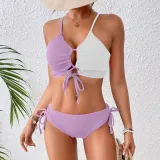 Color Matching Lace-Up Hollow Two Pieces Women's Swimsuit