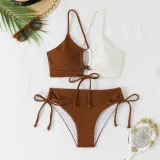 Color Matching Lace-Up Hollow Two Pieces Women's Swimsuit