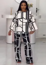 Printed Round Neck Long Sleeve Loose Top Straight Trousers Two-Piece Set