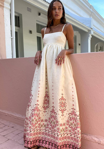 Spring Summer Strap Fashionable Printed Linen Dress