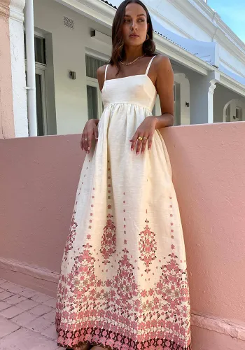 Spring Summer Strap Fashionable Printed Linen Dress
