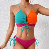 Color Matching Lace-Up Hollow Two Pieces Women's Swimsuit