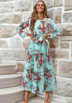 Spring Bell Bottom Sleeve Bohemian Pleated Floral Print Women's Dress