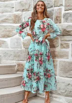 Spring Bell Bottom Sleeve Bohemian Pleated Floral Print Women's Dress