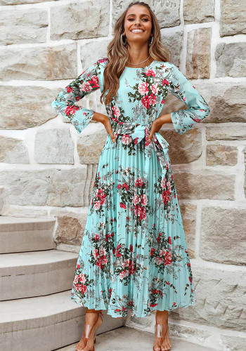 Spring Bell Bottom Sleeve Bohemian Pleated Floral Print Women's Dress