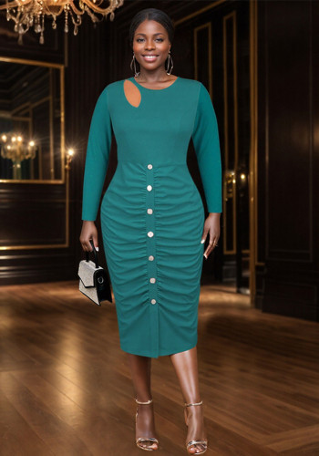 Spring Summer Hollow Button Fashionable And Career Ruched Bodycon Dress