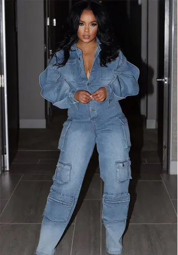 Spring Autumn Women's Pocket Button Long Sleeve Casual Denim Jumpsuit