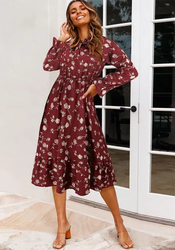 Spring Women's Slim Waist Bell Bottom Long Sleeve Ruffle Floral Dress