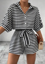 Women Spring and Summer Striped Turndown Collar Cardigan Button Half-Sleeve Top and Shorts Two Piece Set