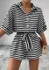 Women Spring and Summer Striped Turndown Collar Cardigan Button Half-Sleeve Top and Shorts Two Piece Set