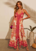 Women spring and summer off-shoulder V-neck suspender printed dress
