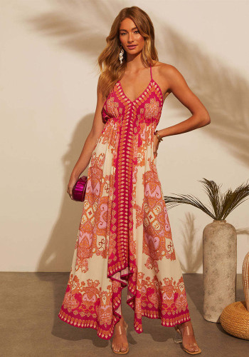 Women spring and summer off-shoulder V-neck suspender printed dress