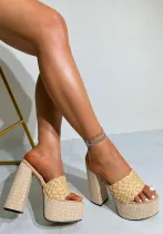 Women thick heel high heel Beige woven sandals heels