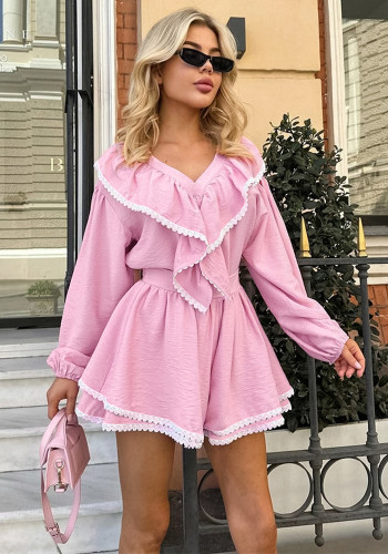 Women French layered ruffle Turndown Collar lantern sleeve loose shirt shorts Two Piece Set