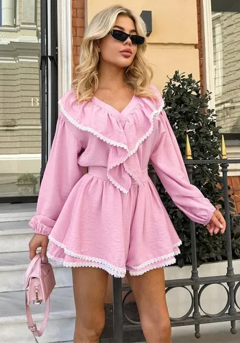 Women French layered ruffle Turndown Collar lantern sleeve loose shirt shorts Two Piece Set