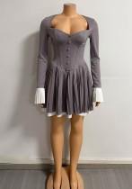 Women color matching button sexy pleated dress