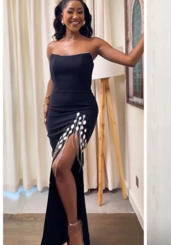 Women diamond chain Strapless sexy Backless Bodycon slit dress