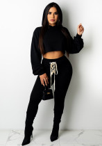 Women's Fashion Casual Solid Color Lace-Up Hooded Two-Piece Pants Set