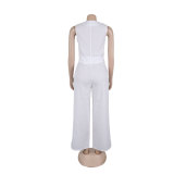 solid color V Neck Vest Wide Leg Pants two piece Set
