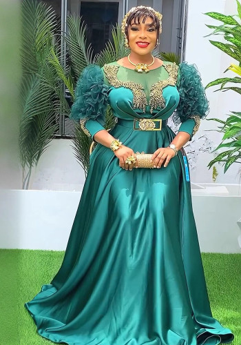 African Plus Size Women's Lace Sleeves High Waist Formal Party Evening Dresses