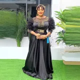 African Plus Size Women's Lace Sleeves High Waist Formal Party Evening Dresses